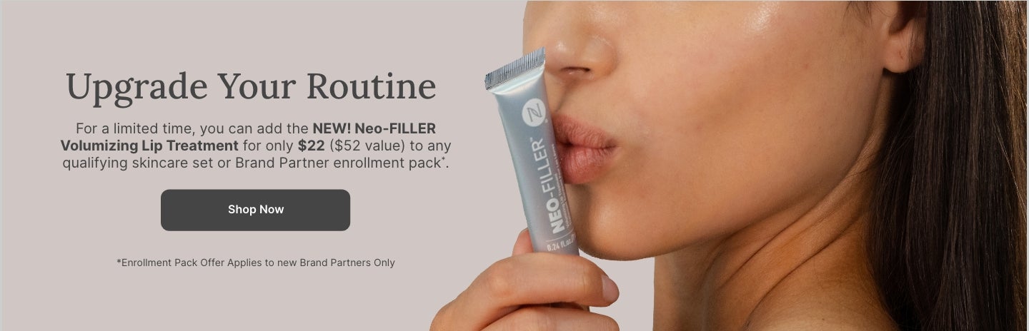 50% OFF Neo-FILLER Volumizing Lip Treatment with any Neo-FILLER or Neo-FILLER Set purchase. Featured is a woman kissing a tube of Neo-FILLER Volumizing Lip Treatment.